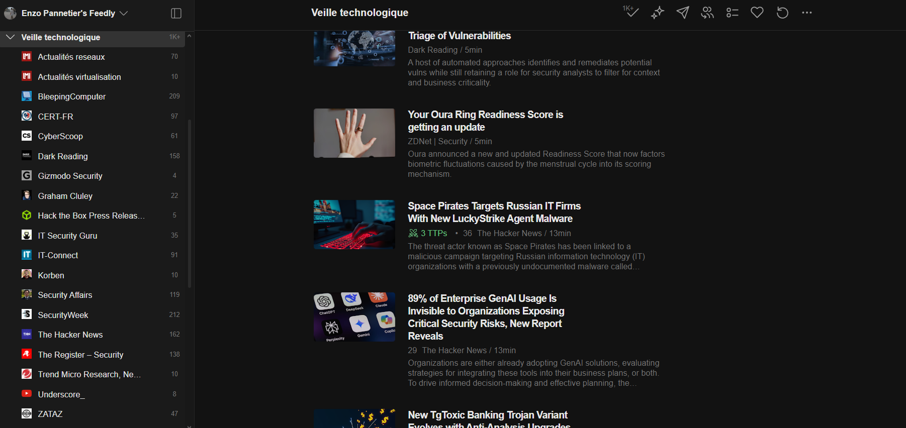 Capture d'écran de ma veille sur Feedly